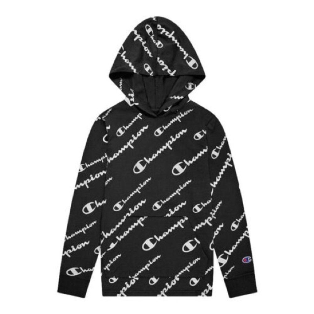 Champion Black T-Shirt Hoodie with White All-Over Logo
